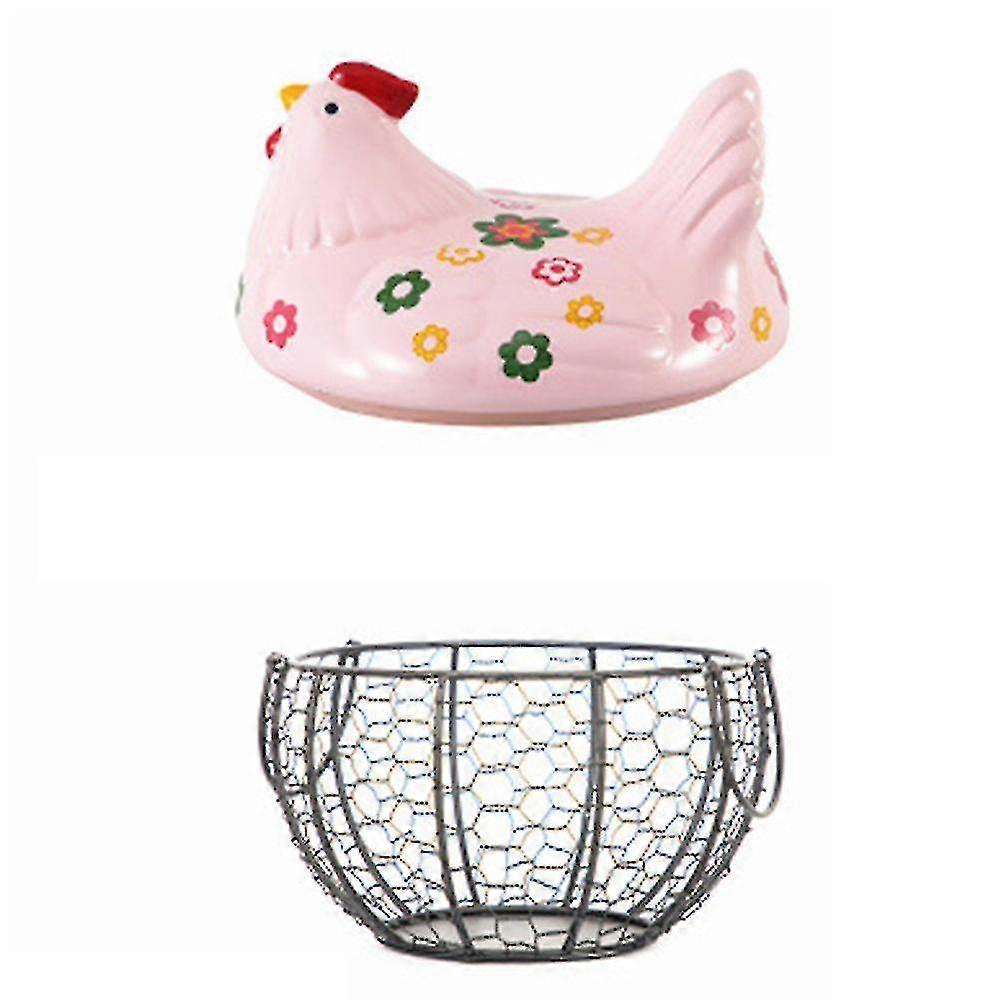Ceramic Hen Ornament Egg Fruit Storage Basket - Iron, Pink