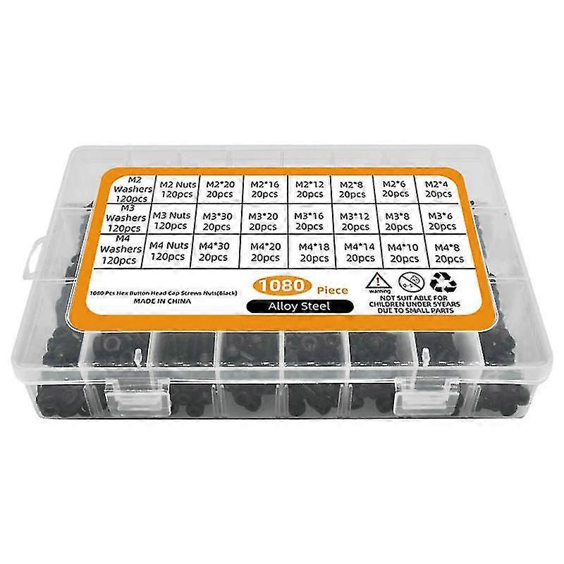 1080pcs Screws & Nuts Set M2 M3 M4 Steel Hexagon Socket Wrench Head Washers Kit