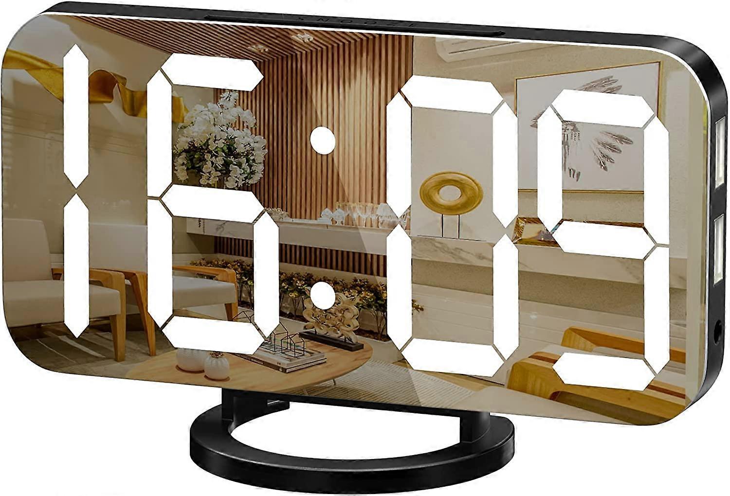 Digital Alarm Clock, Large Mirrored LED Display, with USB Charger  -Black