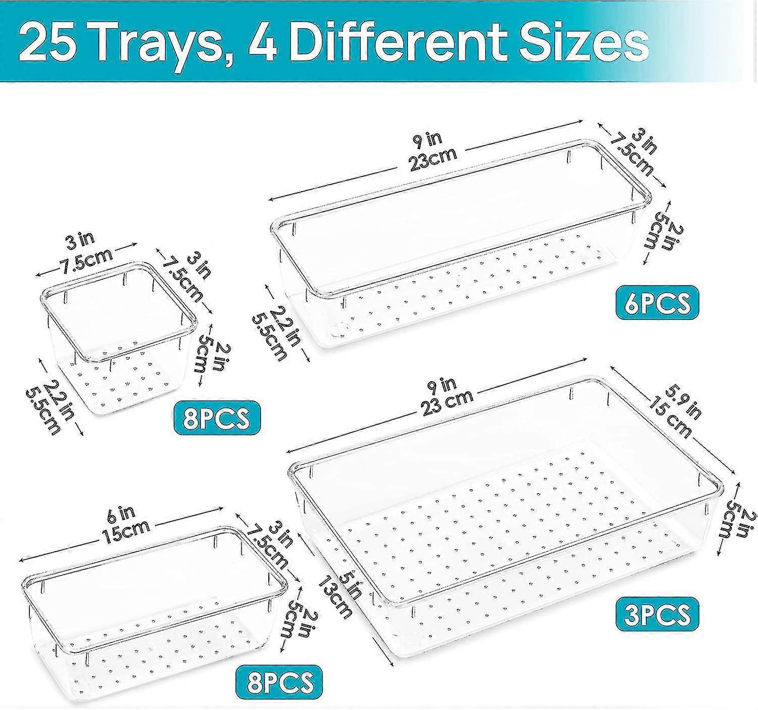 25 Pcs Clear Plastic Drawer Organizers Set, 4-size Versatile Bathroom And Vanity Drawer Organizer Trays Christmas