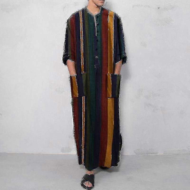 Herren V-Ausschnitt Kurzarm Seite Split Kaftan Robe Arabisch gestreift Einteiliges Hemd Strand