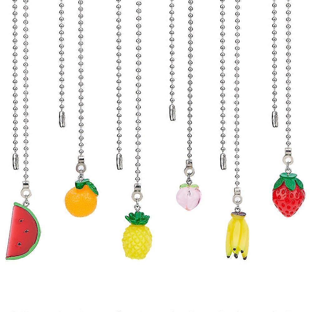 6Pcs 6 Styles Fruits Theme Resin Charms Ceiling Fan Pull Chain Extenders with Iron Ball Chain Mixed Color 340~355mm 1pc/style