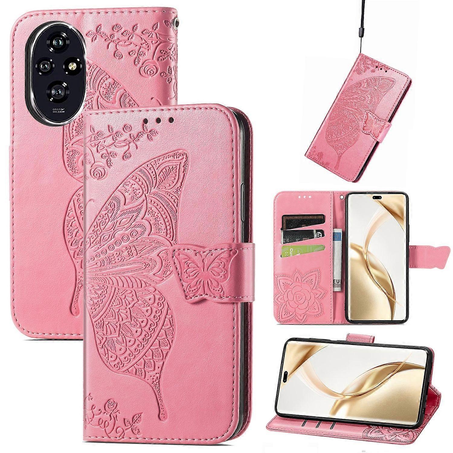 For Honor 200 Pro Faux Leather Wallet Bag Design Butterfly Pink