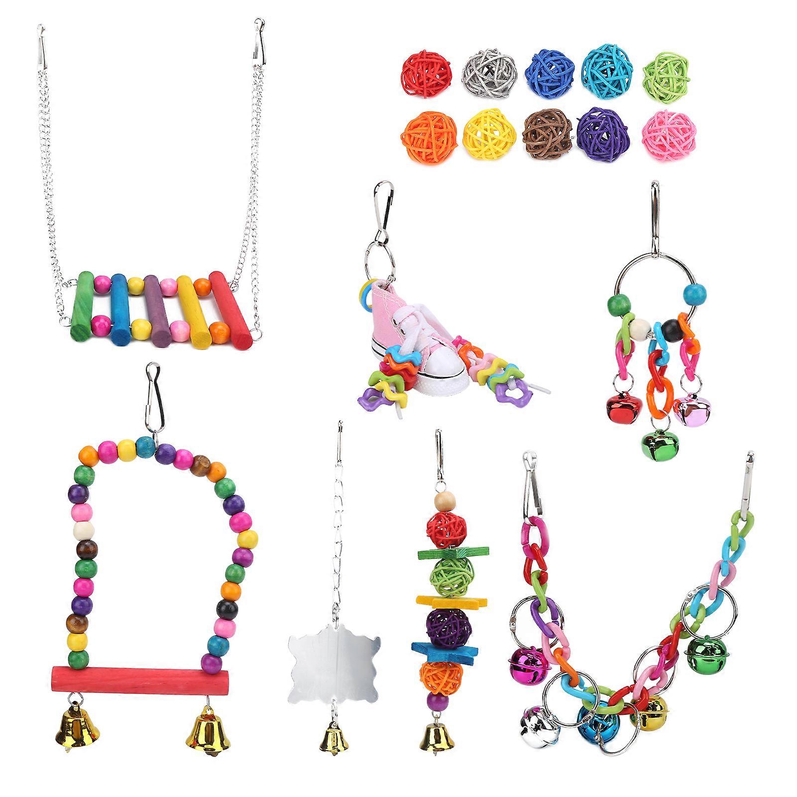 17 Packs Bird Toys Sepak Takraw Hanging Chain Swing Bell String Set for Small and Medium Parrots