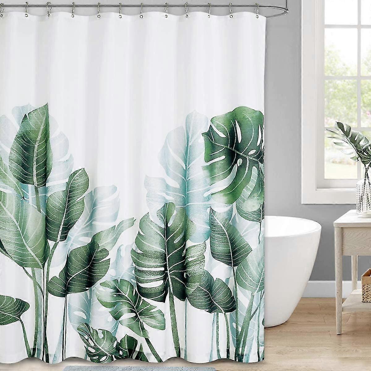 12 Plastic Hooks Shower Curtain , Banana Leaf Pattern  Green Plants,