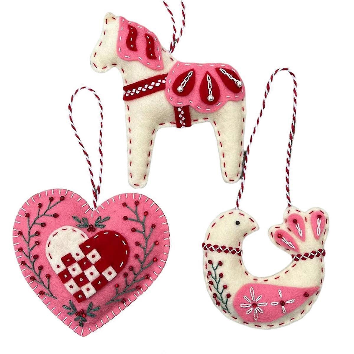 Felt Crafts Embroidery Felt Horse Bird Heart Embroidery Set Scandinavian Folk Handmade Crafts Decorations Pink