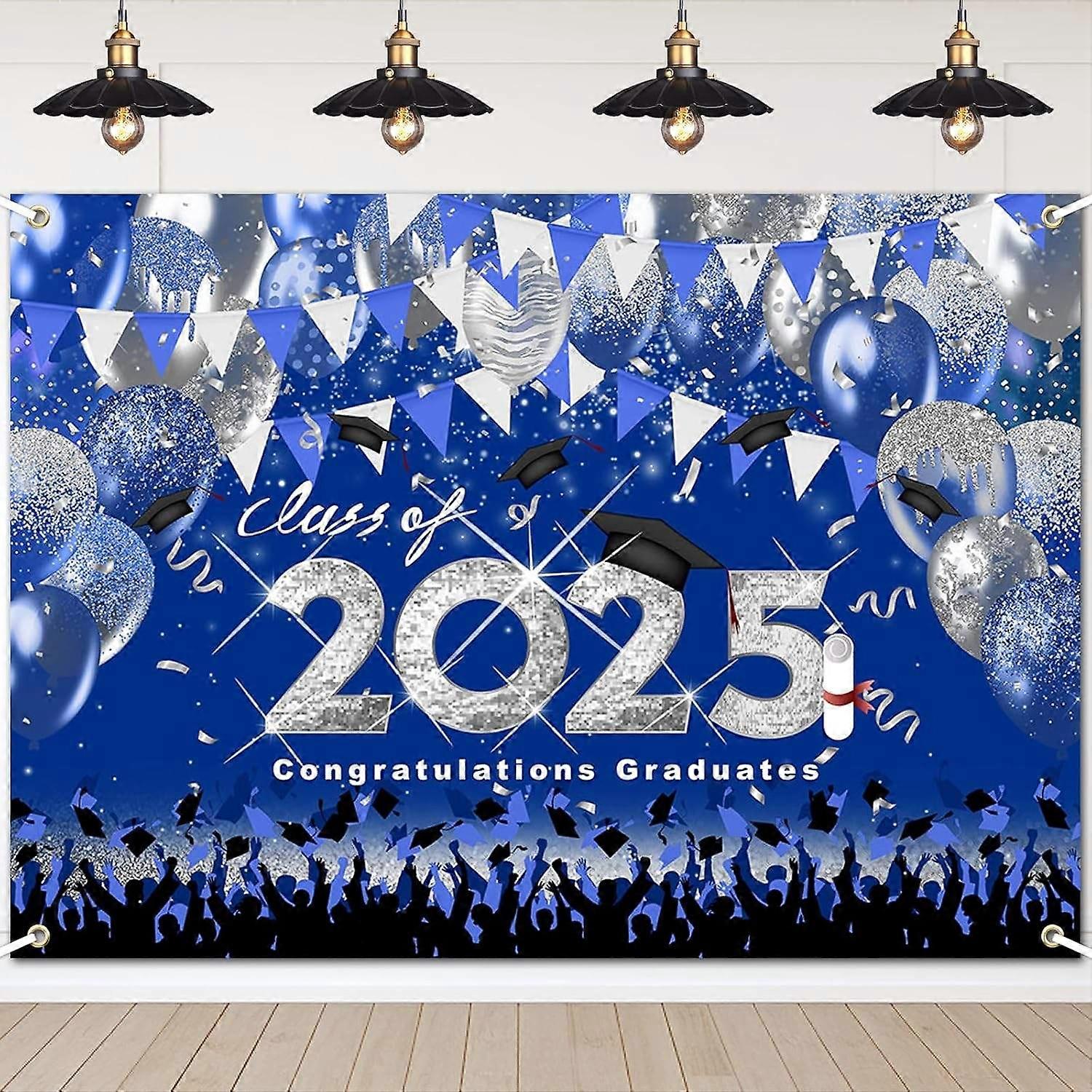 Class of 2025 Graduation Backdrop Blue and Silver Congratulations Graduates Background Congrats Grad
