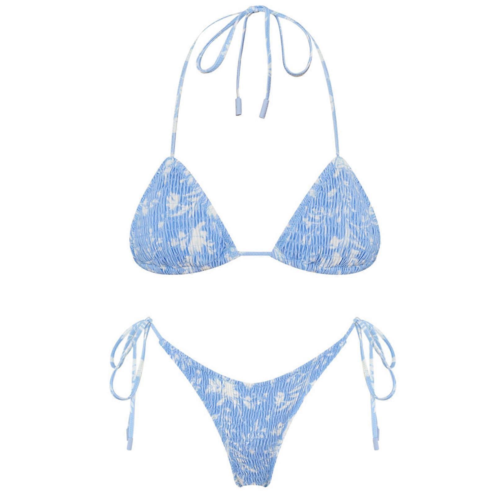 Γυναικείο Split Μαγιό Στρινγκ Άνετο 2-Pieces Strappy Μαγιό Wrap High Cut Beachwear Halter String Μπικίνι Σετ μπλε και άσπρο φύλλο M