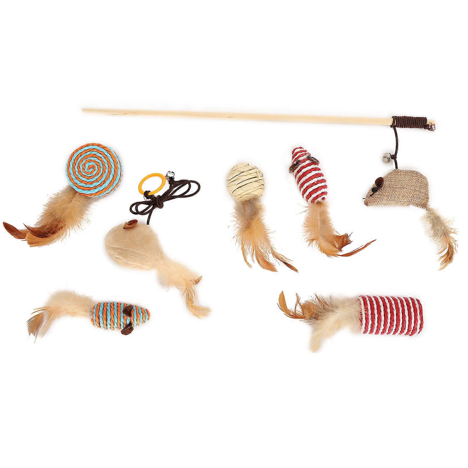 Linen Cat Feather Wand with Mice Toy - Interactive Play Stick for Cats, Durable, Lightweight, Colorful Feathers