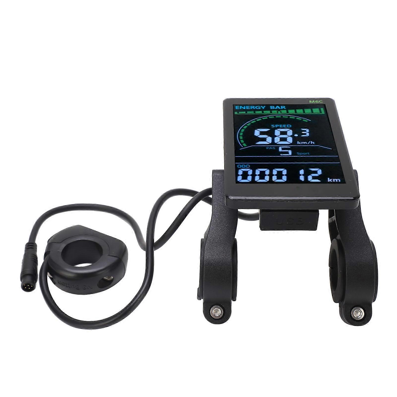 M6C LCD Electric Bike Meter ABS Control Panel with 6 Pin Waterproof Cable and Headlight Connector for 24V 36V 48V 60V