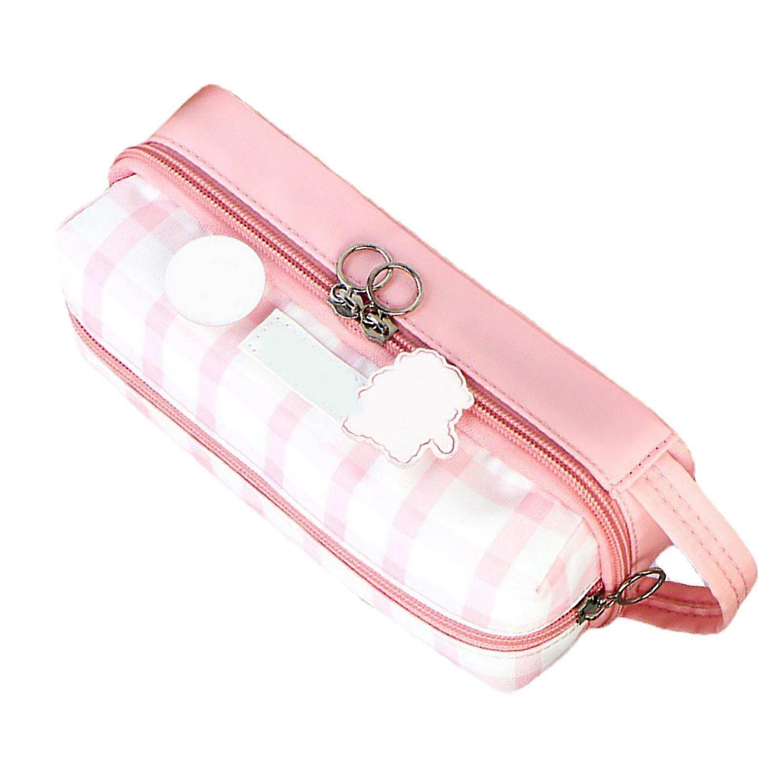 ペンバッグかわいいグリッドパターン大容量多機能ペンシルポーチステーショナリーオーガナイザー2ブローチ付き