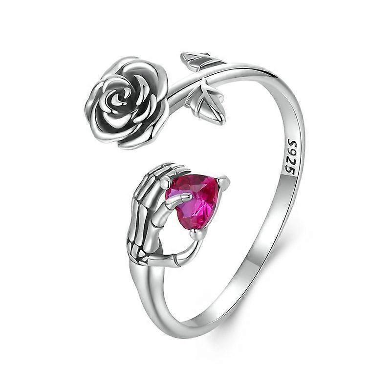 S925 Sterling Silver Rose Skull Hand Open Ring Adjustable Ring