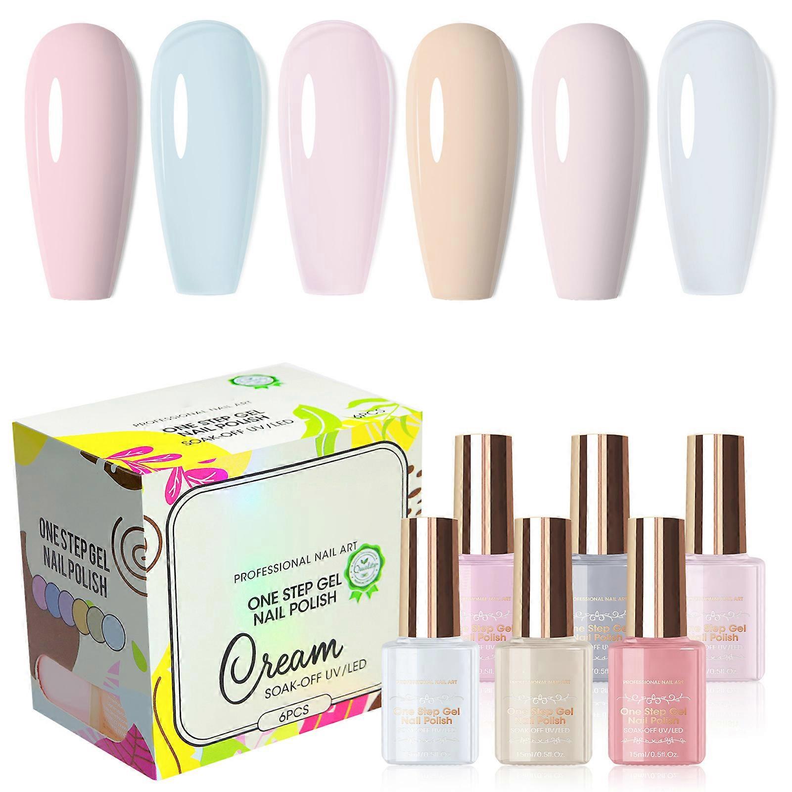 MISSCHEERING 6 Colors Set One Step Nail Soak Off UV/LED Polish Base Color Gel Top Coat 3-IN-1 Long-lasting