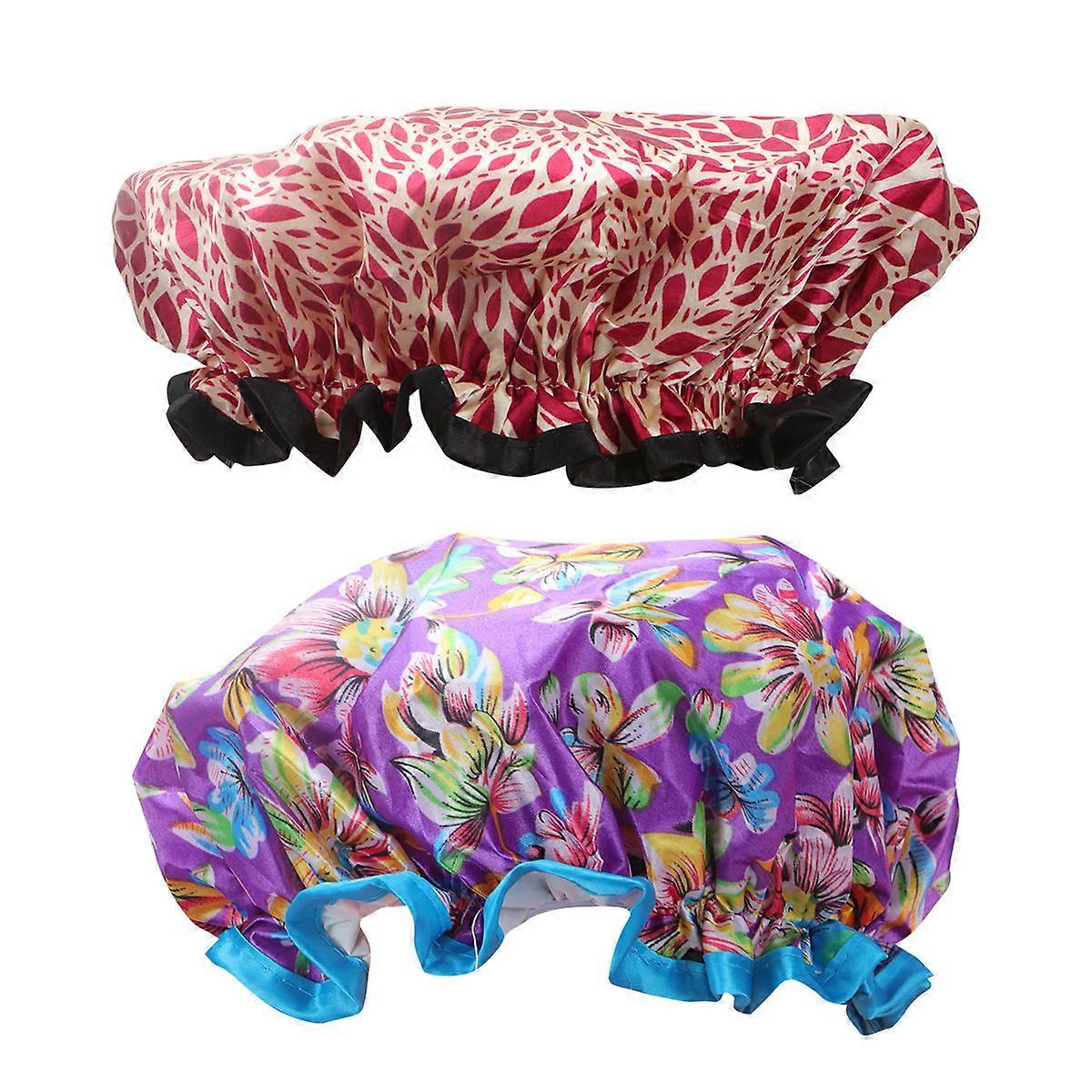 Reusable Shower Caps Waterproof Hair Bonnet for Shower Home Dorm Use Small Leaf Design 28x28cm Satin Material 2Set