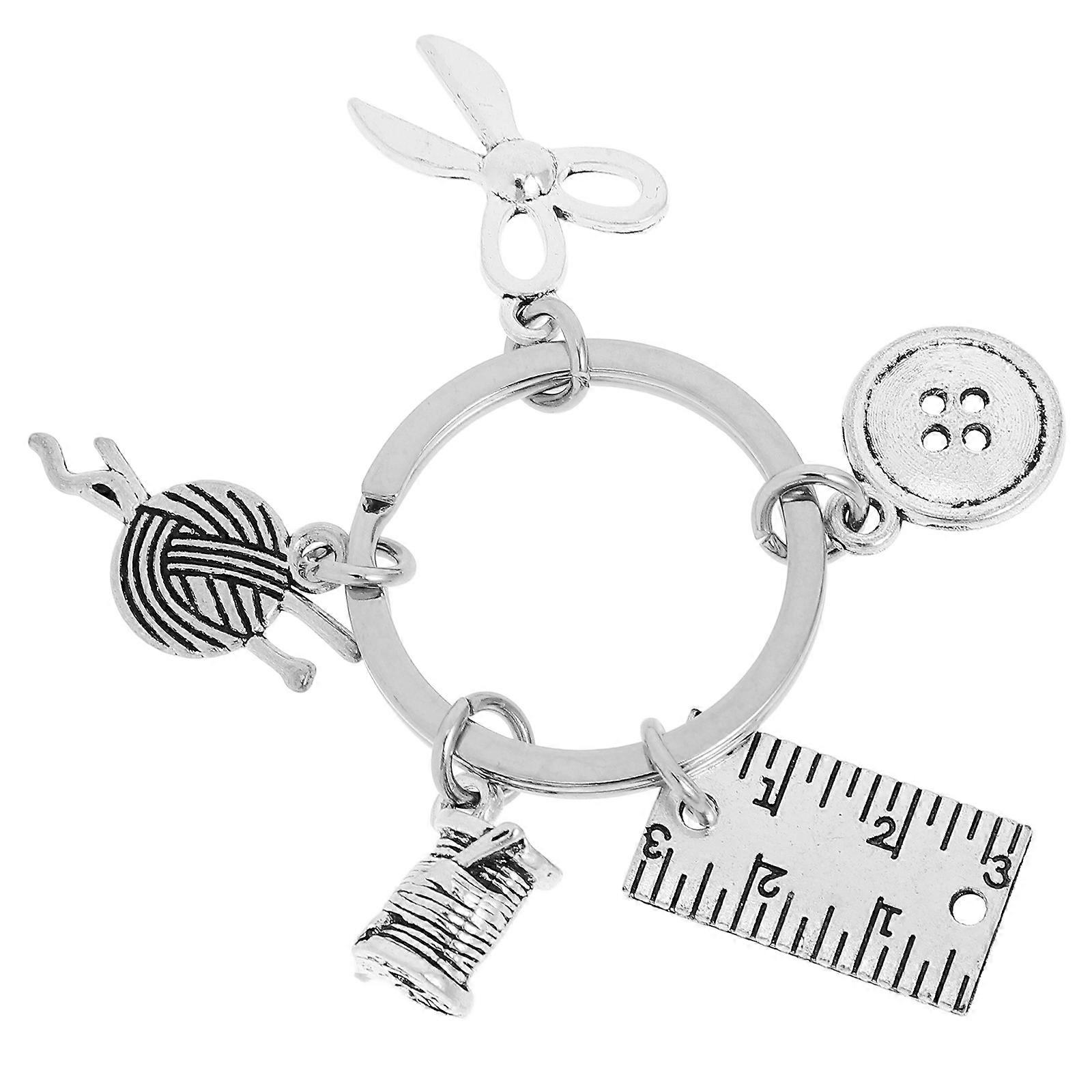 Vintage Sewing Machine Metal Keychain with Scissors & Button Charm – Creative Bag Key Holder for Fashion Designers & Collectors, Silver Accessory for