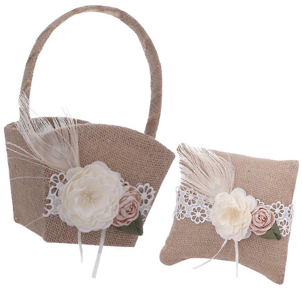 Rustic Woven Flower Girl Basket Ring Pillow Set 1 Set Linen Material Coffee Color