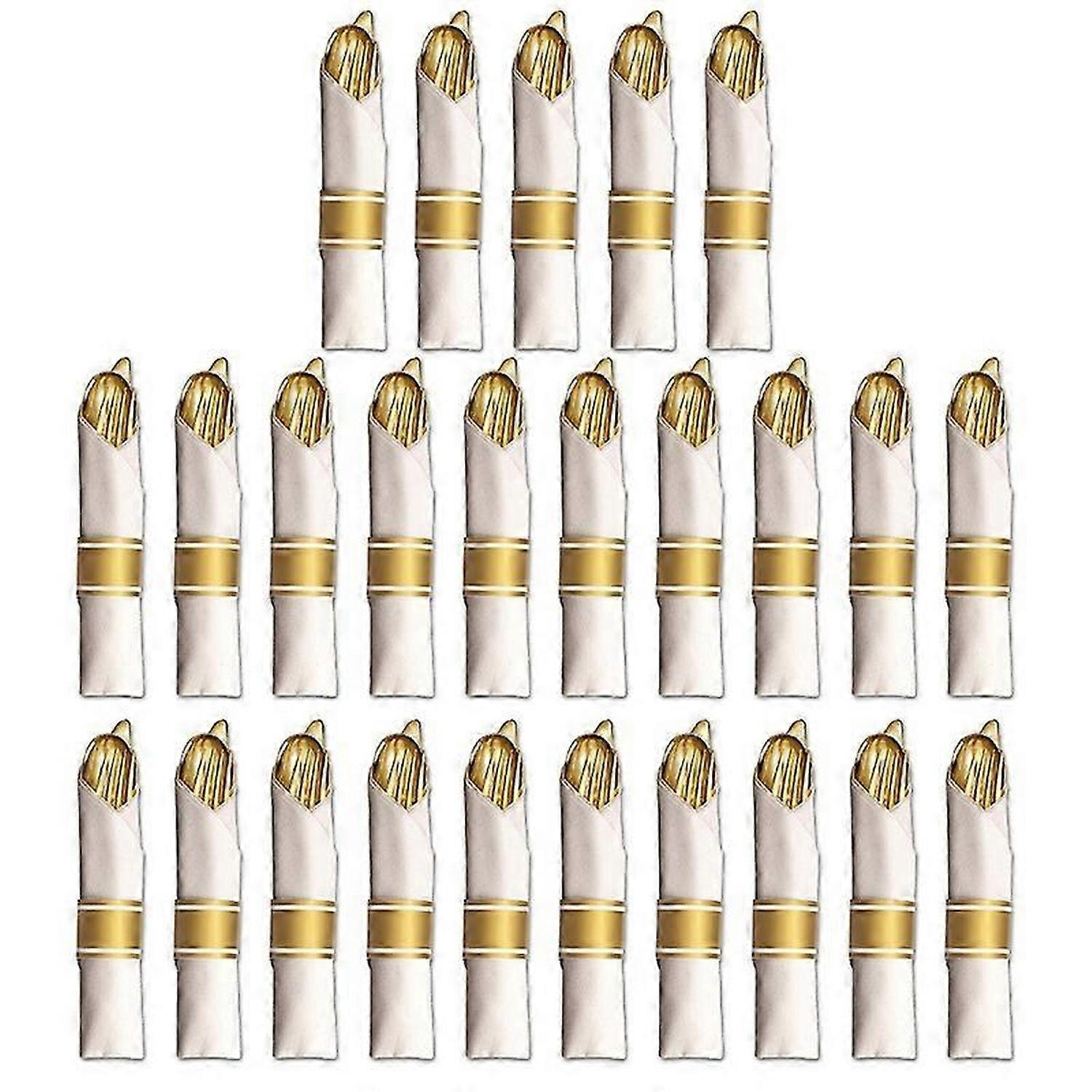 25 Pre Rolled Gold Plastic Silverware - Wrapped Silverware Set with Forks, Knives, Spoons