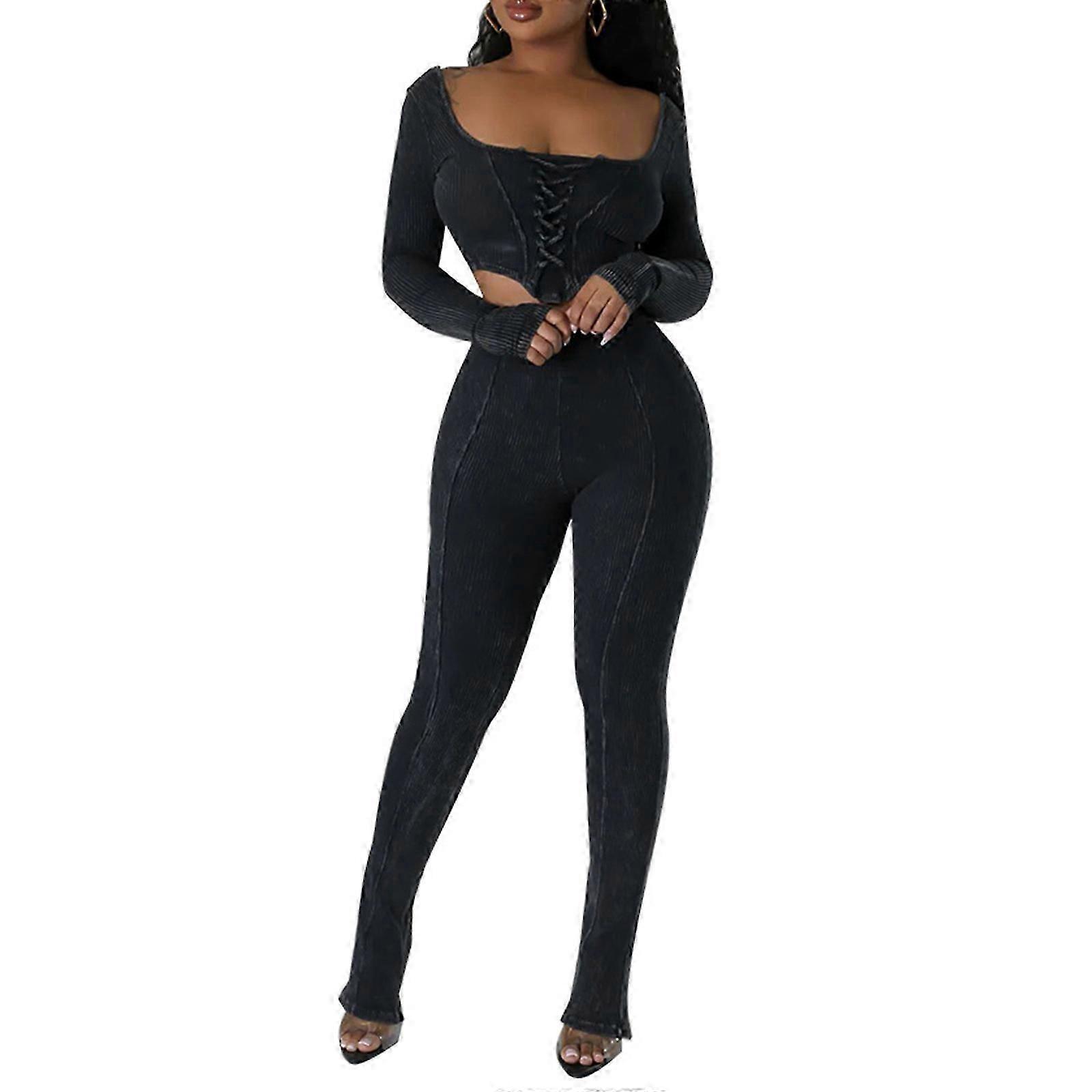 Set aderente in maglia a coste a 2 pezzi per le donne manica lunga scollo quadrato corsetto con lacci top corto e leggings a vita alta vestito rosa rosso xxl