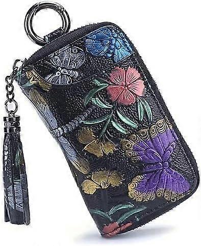 Embroidered Split Leather Key Case: Stylish Coin Pouch with Ample Capacity and Keychain Attachment