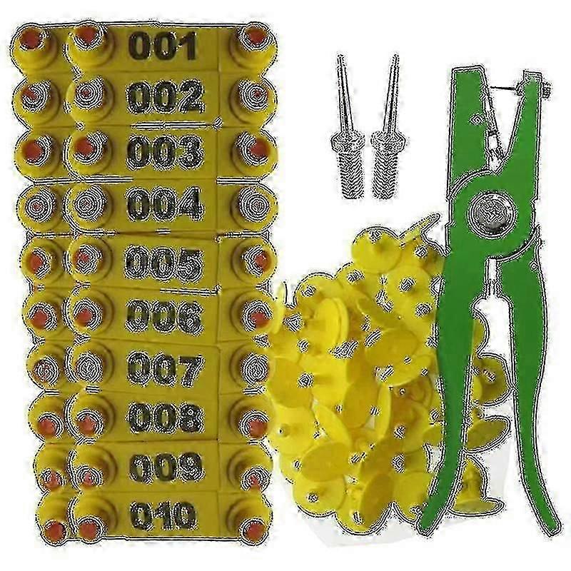 Livestock Ear Tag Applicator Kit with 100pcs Plastic Tags & Safety Pliers for Sheep Goat Cattle