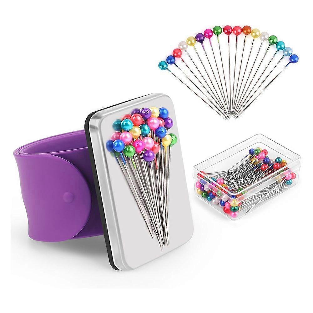 Magnetic Pincushion Wristband with 100 Pcs 1.5 Inch Ball Head Sewing Pins Set,Silicone Wrist Pin Holder for Quilting B