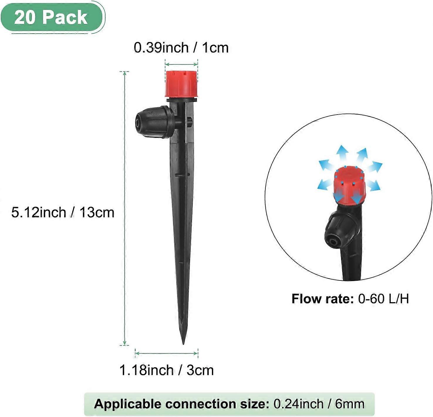 Drip Irrigation Emitters 20Pack Sprayers On 5Inch Stake, 360Degree Adjustable Flow, 8Hole For 1/4Inch Tubing Red