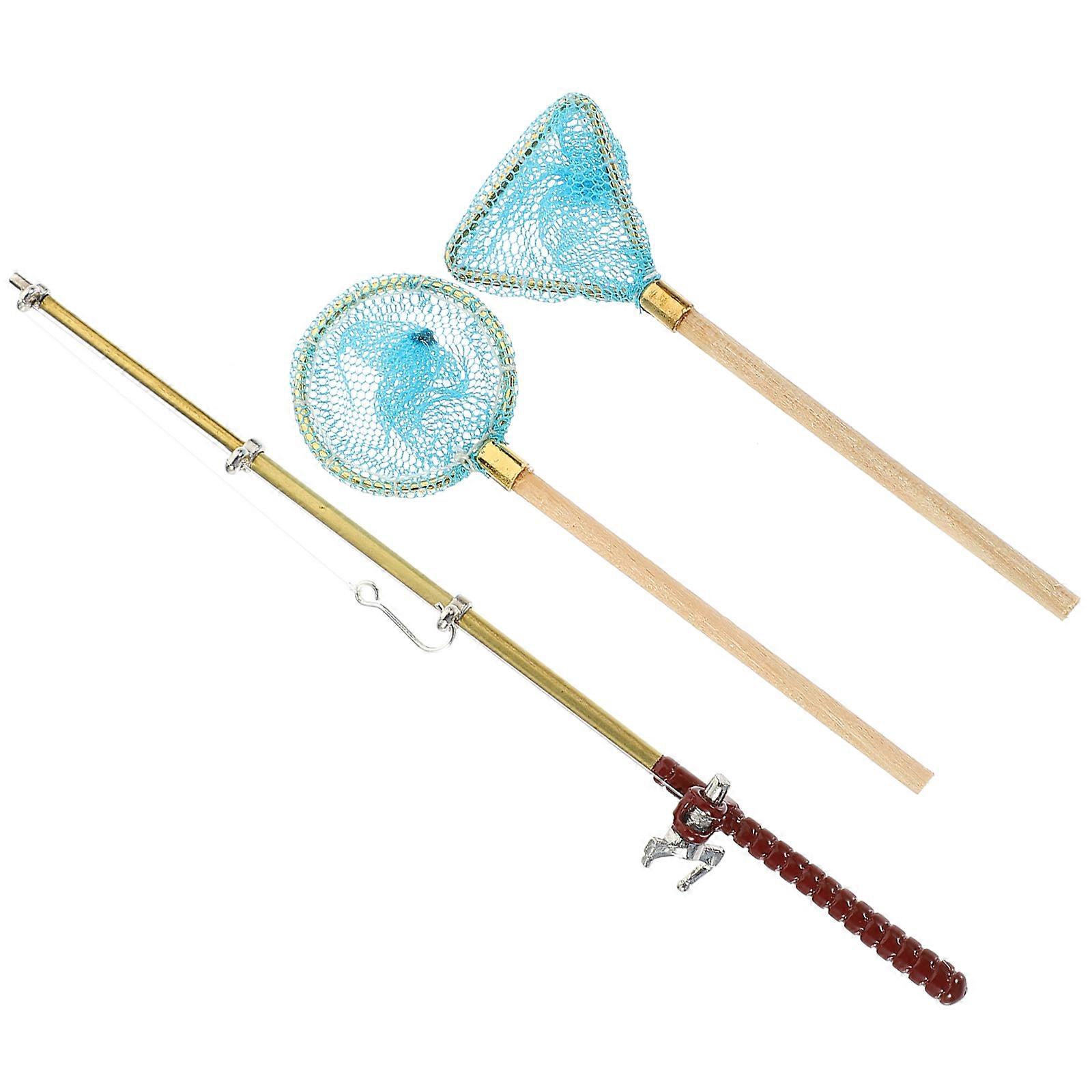 Mini Fishing Rod Decor for Mini House with 3Sets of Fishing Net Decorations