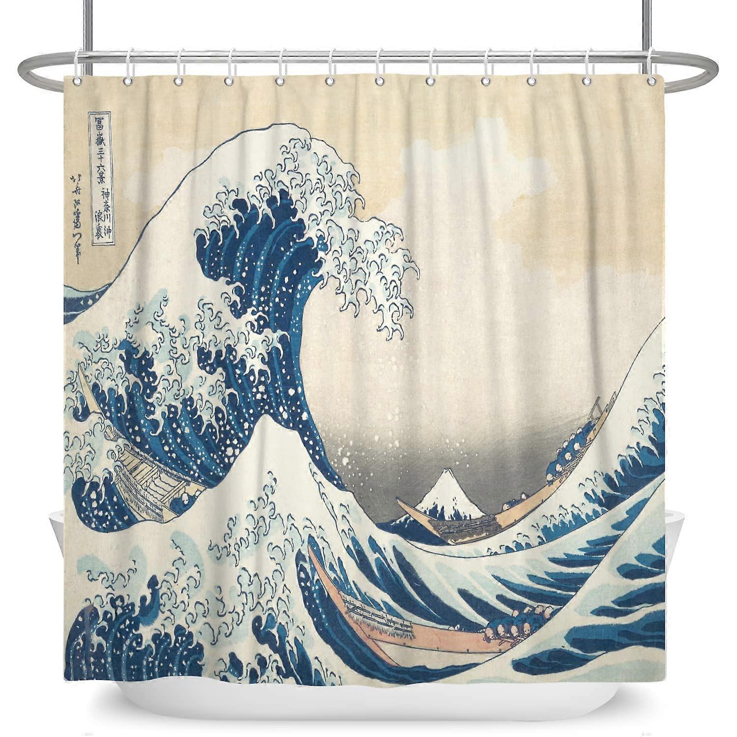 Japanese Ocean Waves Shower Curtain 72x78 Inch Polyester With Hooks Ukiyoe Fuji Mountain Wooden Boat One Panel Style 1