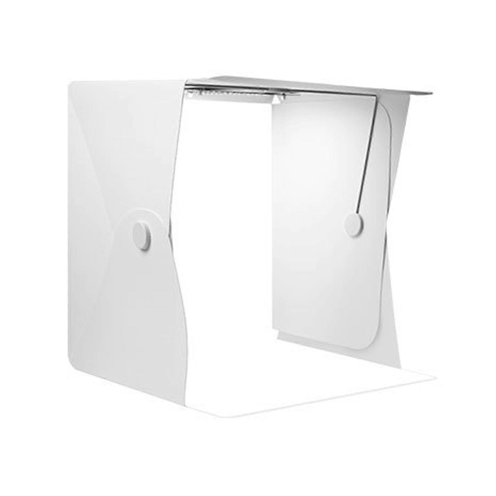 Vitrine photographique pliable et dense 30 cm x 40 cm, fond blanc, idéale pour la photographie professionnelle de bijoux, jouets et aliments, éclairage uniforme et multicolore.