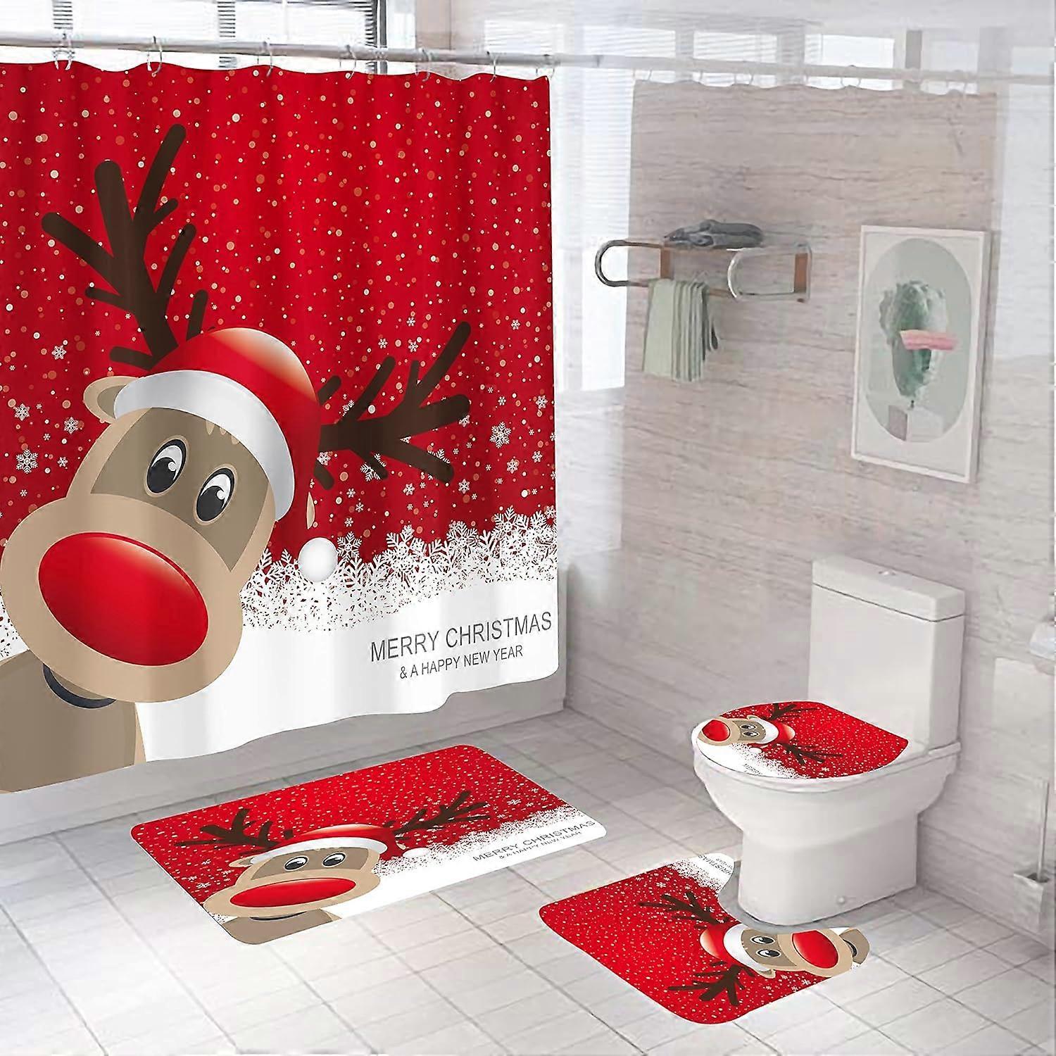 Christmas Shower Curtain Set 71x71" with Hooks, Xmas Tree Ball Snowflake Waterproof Fabric for Bathroom Decor (Red)