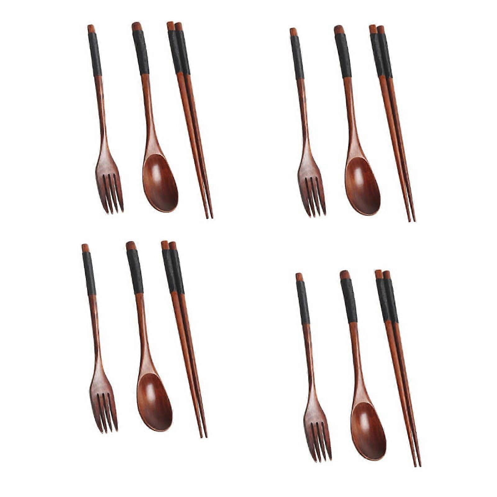 4X Wooden Flatware Set, Wooden Portable Set Chopsticks Spoon Fork Tableware Dinnerware with Black Twining Thread