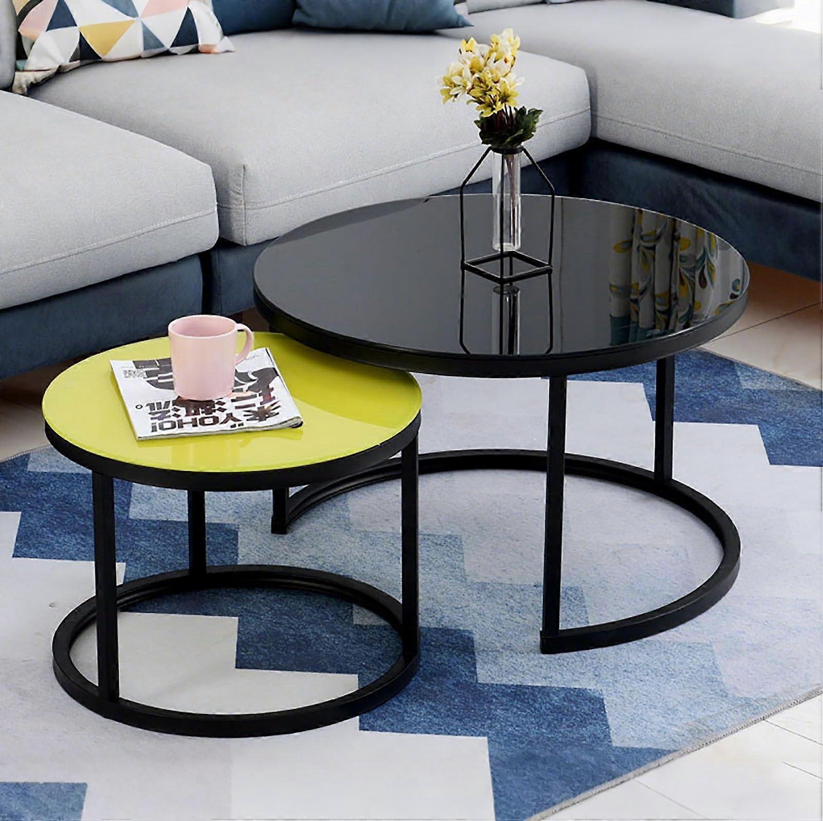 Modern Round Nesting Coffee Tables Set Of 2 Glass & Metal Frame Stacking Side Tables For Living Room & Bedroom Style 1