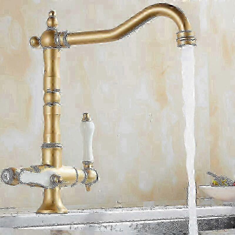 Single Handle Dual Control Kitchen Faucet Aged Brass 360掳 Swivel Vintage Style for Sink with Flexible Water Lines