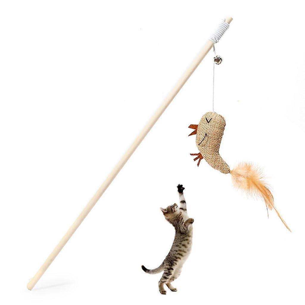 Cat Toy Teaser Wand with Squeak and Bird Design, 40cm Wooden Handle for Indoor Kitten Play