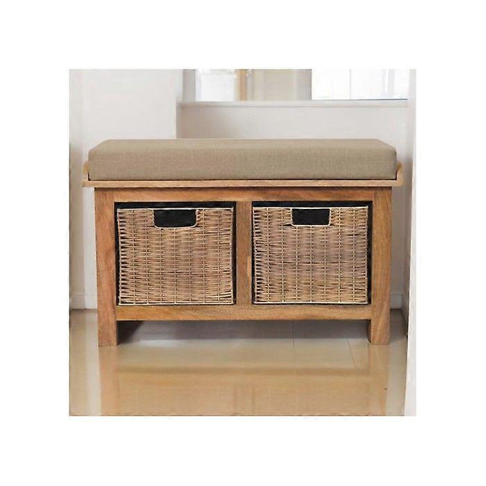 Solid Wood Rattan Basket Linen Bench, 2 Pull-out Storage Baskets, Light Brown