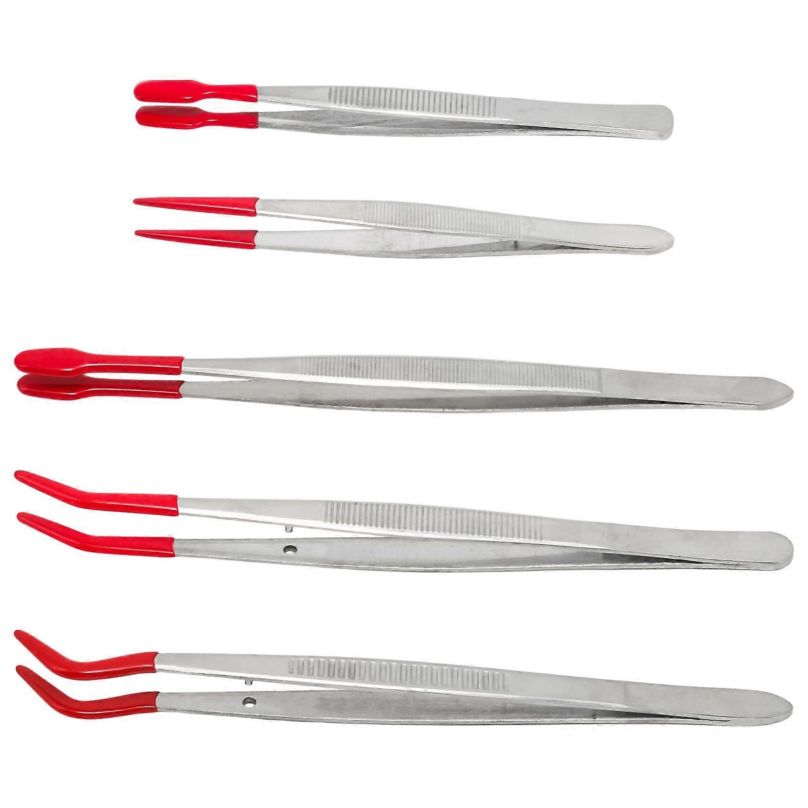 5pcs Rubber Tweezers Set with Flat and Bent Tips for Jewelry, Crafts, Lab and Industrial Use, Red