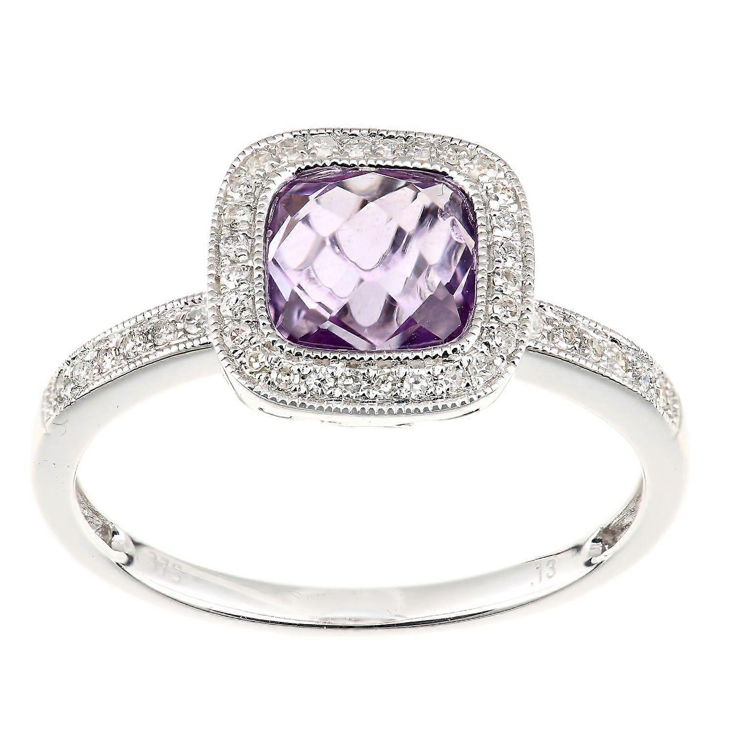 Jewelco London 9ct White Gold 13pts Diamond Cushion 1.25ct Amethyst Square Cushion Beaded Halo Cocktail Ring