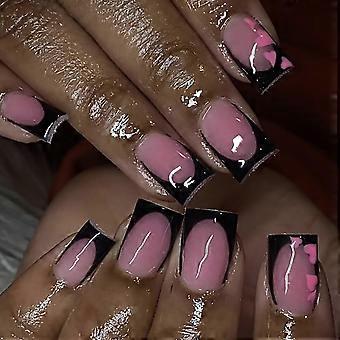Valentines Press on Nails Black French Tip Fake Nails with Pink Heart Design Square Short Set 24pcs