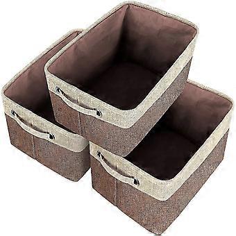 Set Of 3 Foldable Fabric Storage Baskets, Jute Cube Storage Box With Cotton Carry Handle, For Clothes, Underwear, Books, Toys, Office Basket, Brown &