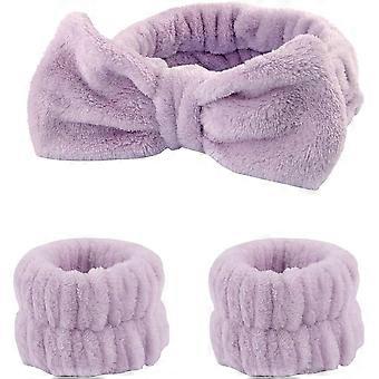 Bowknot Hair Bands for Skincare Headband and Wristband Set Washing Face Head Band Purple Makeup Hair Band and Wrist Band for Women Face Wash Arm Cuff