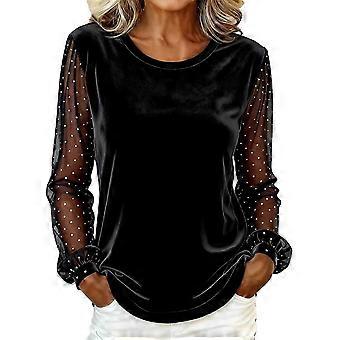 Womens Velutum Tops Round Neck Mesh Splicing Sleeve Blouse Long Sleeve Soft Velutum Shirts Elegant Clothing  dark blue XL