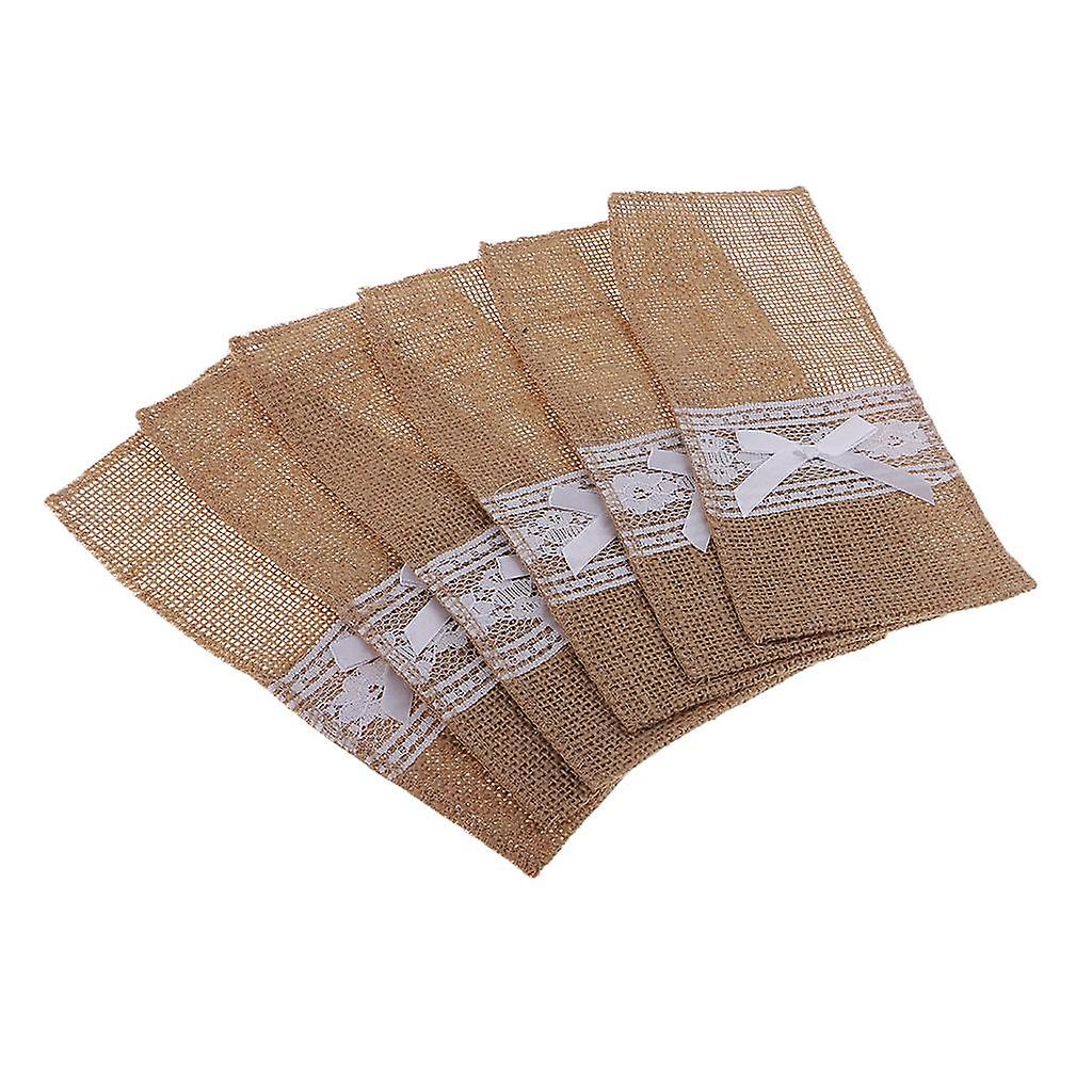 6pcs Rustic Burlap Lace Knifes Forks Holders Cutlery Pouch Bag Tableware