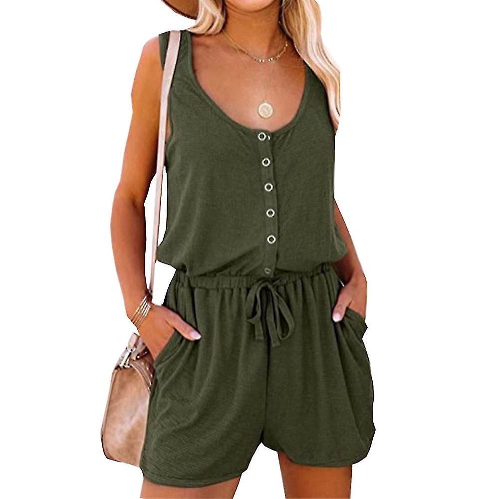 Women Ladies Summer Buttons Tie Knot Playsuit Romper Drawstring Sleeveless Short Jumpsuit-i