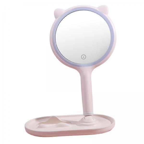 2xDesktop LED Lighted Makeup Mirror Handheld Dimmable Vanity Bathroom Pink