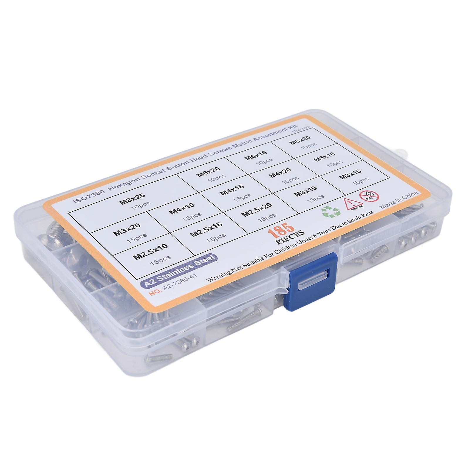 185Pcs M2.5-M8 304 Stainless Steel Hex Socket Pan Head Screws Set