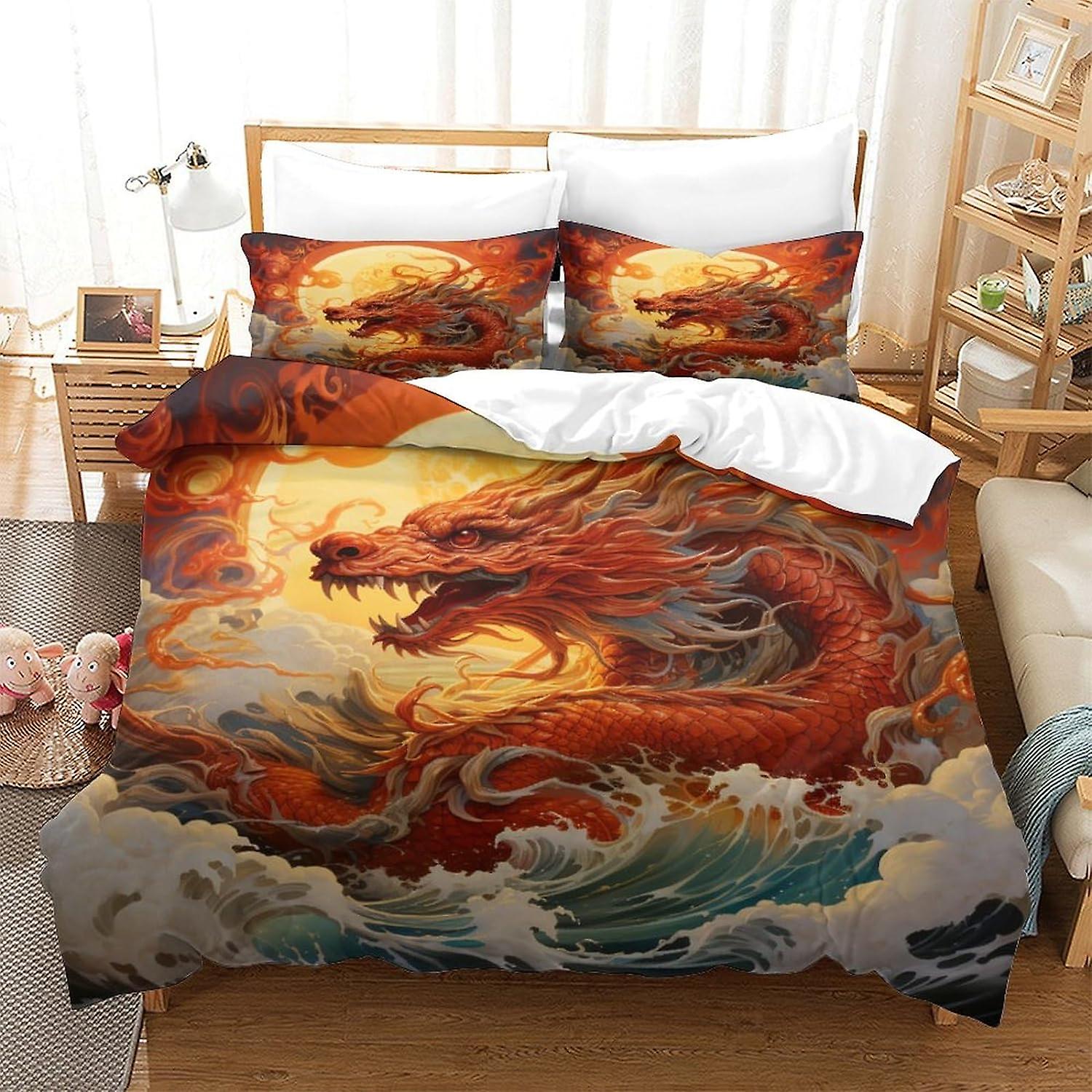 Kinesiskt drakpåslakan mjukt mikrofiberbäddset, 3D-tryck Wyvern påslakan och örngott, med dragkedja, för män kvinna barn 3-delat