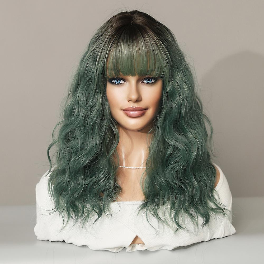 Halloween Wig Green Wig With Bangs Mid Wavy Hair For Women