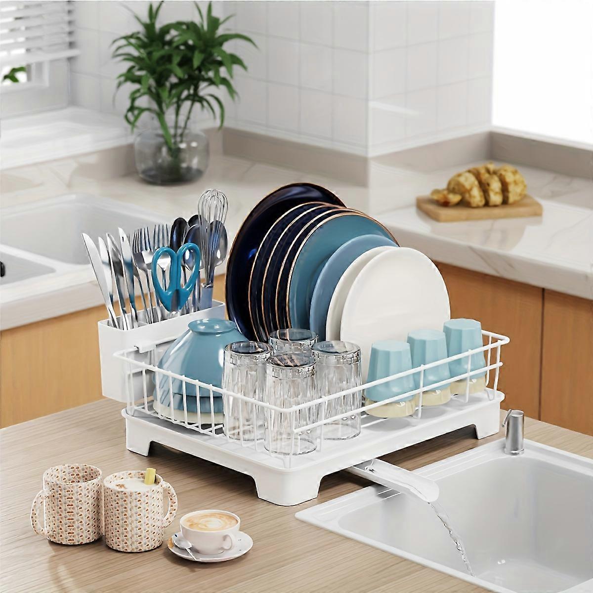 Stainless Steel Premium Dish Rack - Large Capacity, Single Layer Design with Utensil Holder & Drain Spout - Perfect for Small Apartments & RV Countert