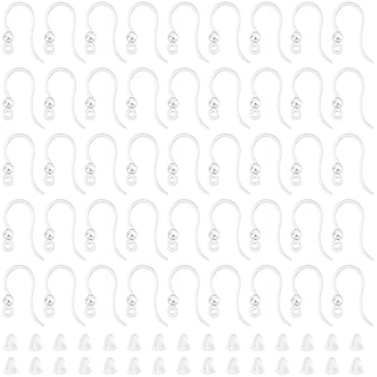 200 Sets Plastic Earring Hook 15.5mm Clear Earring Fish Hooks Findings with 200pcs Plastic Ear Nuts Silver Color Ear Wire with Loop and Stainless Stee