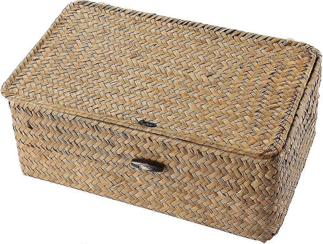 Rattan Storage Basket Makeup Organizer Multipurpose Container with Lid (M)